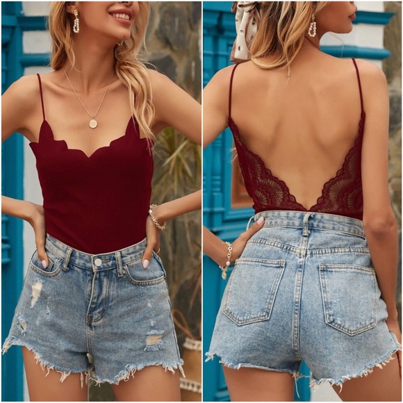 White scallop v neck lace low back cami bodysuit - Picture 3 of 15